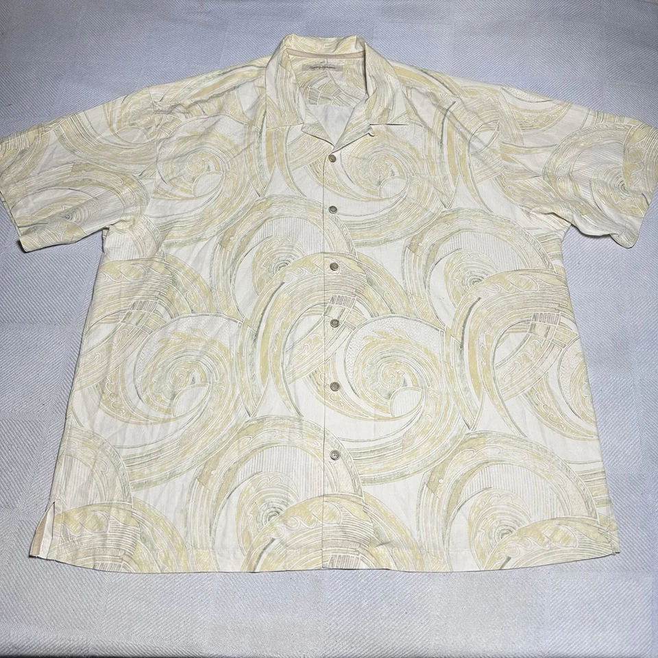 Camisa de campamento hawaiana Tommy Bahama para hombre 2XL amarilla abstracta olas del océano 100 % seda Foto 2 de 4