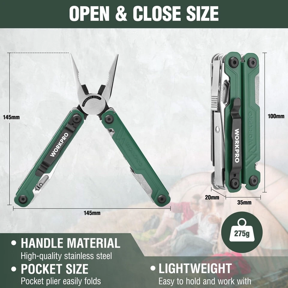 Alicate multiherramienta de acero inoxidable WORKPRO 18 en 1 EDC multiherramienta 2 bloqueo de seguridad verde Foto 4 de 4