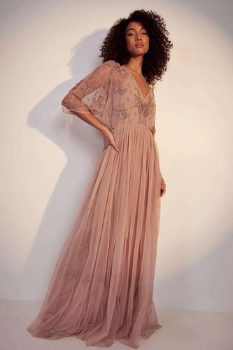Boohoo Occasion Bridesmaid Hand Embellished Taupe Maxi Dress Size US 6 - 第 1/12 張圖片