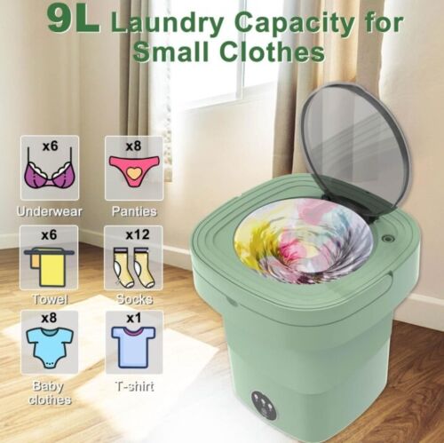 Portable Washing Machine Foldable Washer with Spin-Dry, Mini Underwear 9L Green - Picture 3 of 6