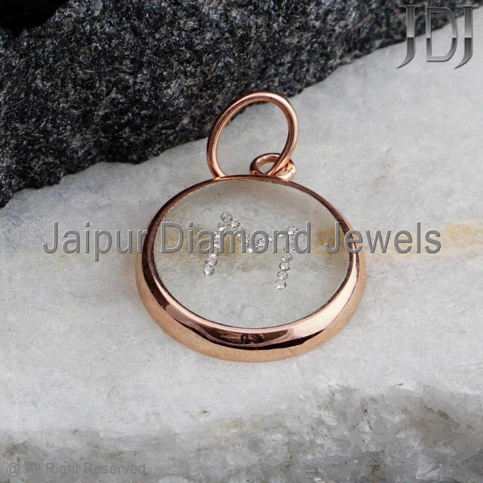 Colgante de cristal inicial personalizado diamante natural joyería oro rosa macizo 14k Foto 4 de 4