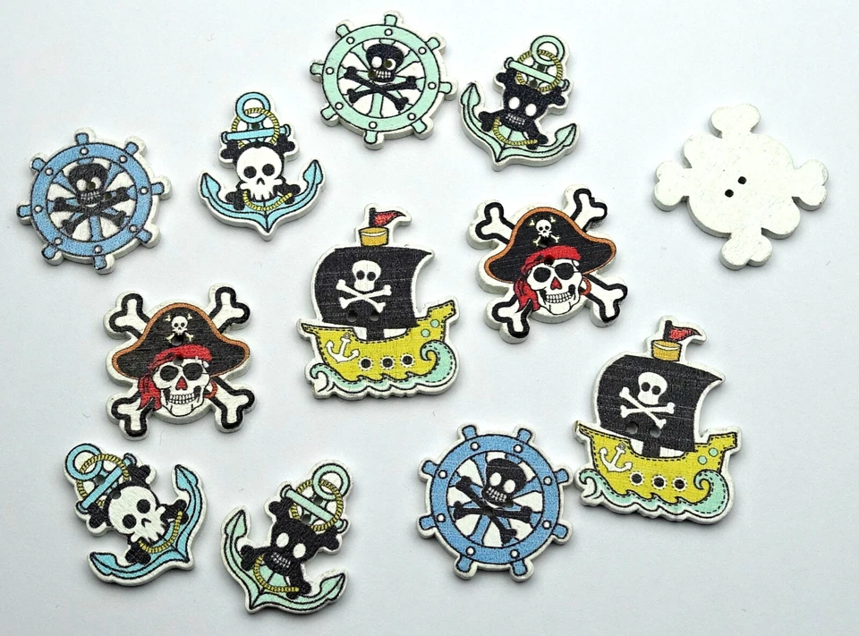 5 Knöpfe Pirat Skull Maritim Schiff Anker Knöpfe Kinder Jungen schwarz weiß rot - Bild 3 von 4