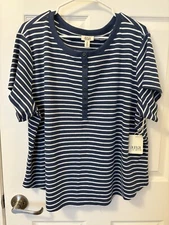 A.N.A. A New Approach Short Sleeve Ribbed Striped Blue & White Button Up Top 3X