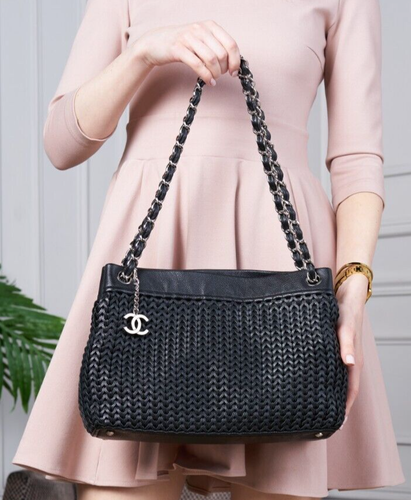 VERIFIED Authentic CHANEL Vintage Black Woven Caviar Leather RARE Tote Bag