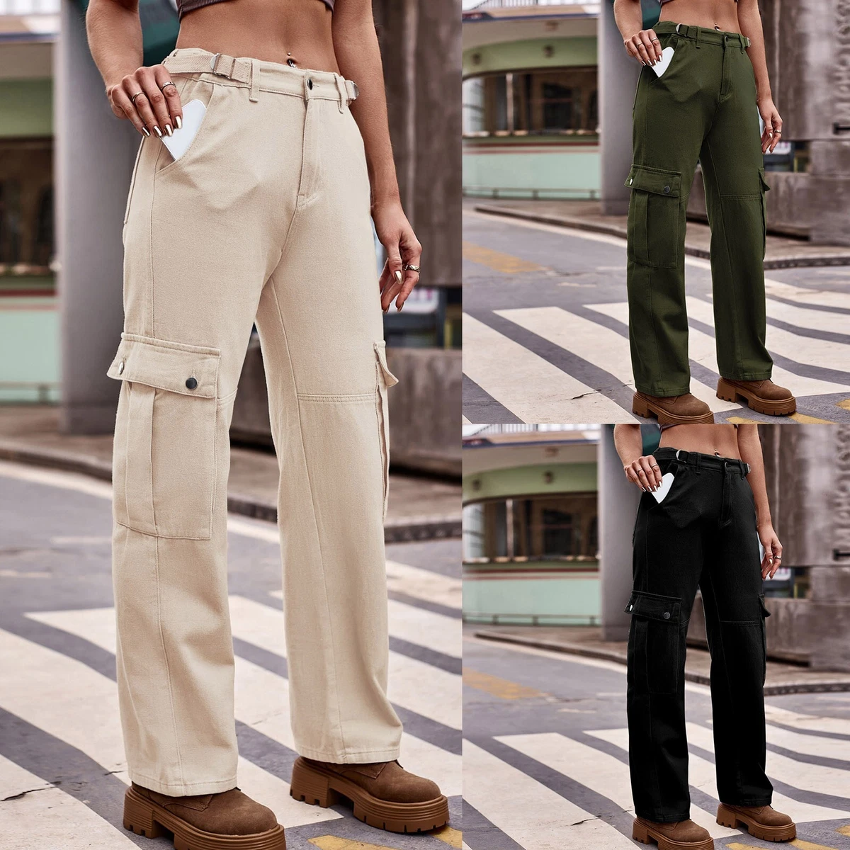 Women Casual Fashion 4 Pockets High Waisted Cargo Pants Wide Leg All Day  Wear