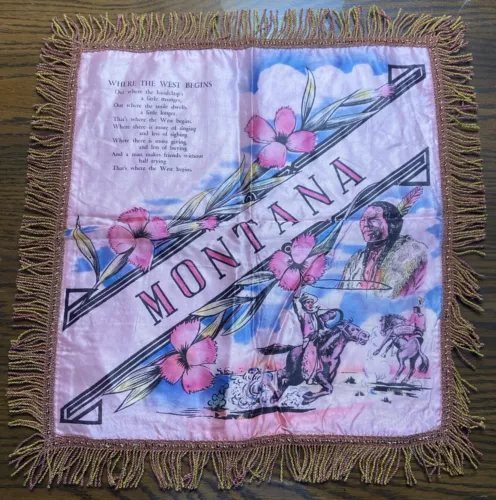 Vintage Montana Pillow Cover Poem Satin Fringe Souvenir 16.5” X 17” Pink. EB8