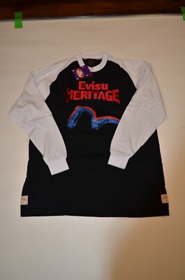 EVISU Black,  White & Red Embroidery, Long Sleeve Men's T-Shirts Size XLT