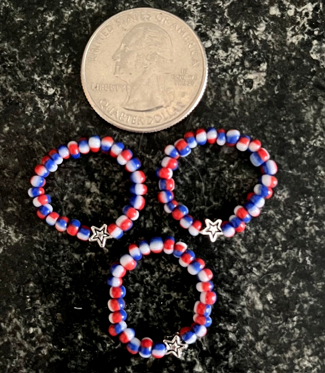 3pc 4th of July Patriotic Star Glass Seed Bead Stretchy Rings Red White Blue 6-7