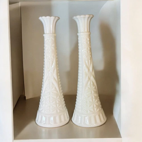 Set of 2 Vintage Anchor Hocking Milk Glass 9" Stars and Bars Flower Bud Vases