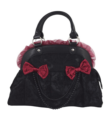 Lost Queen Dark Doll Gothic Lolita Flocked Skulls with Bows and Lace Bag Purse