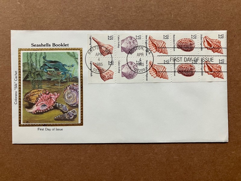 1985 22c Seashells, booklet pane 2117-21 Colorano "Silk" Cachet First Day Cover