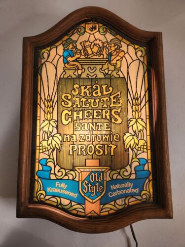 Heileman’s Old Style Lighted Beer Sign Salute Cheers Sante Prosit Stained Glass - 第 1/2 張圖片