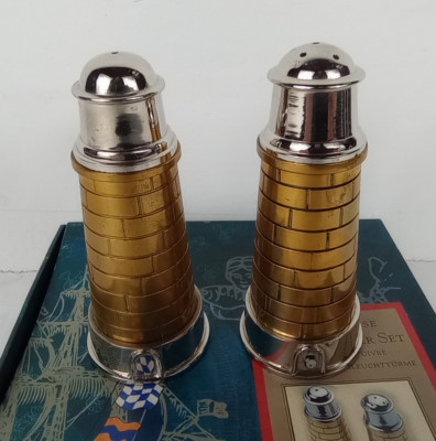 Brass & Chrome Salt & Pepper Lighthouse Set ( In box ) Authentic Models