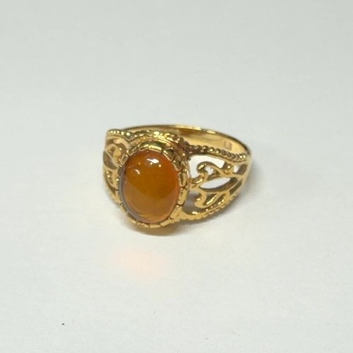 LS VINTAGE STYLE Gold Tone Ring Amber Cabochon Filigree Band Sz 9