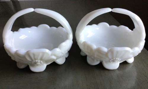 Westmoreland Milk Glass Pansy Dogwood Split Handle Basket Trinket Dish Set 2 VTG