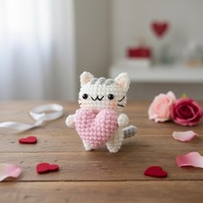 Handmade Crochet Cat With Heart Plush, Cute Valentine Amigurumi Cat Toy