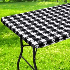 Rectangle Vinyl Table Cloth, Waterproof Elastic Fitted Tablecloth with Flanne...