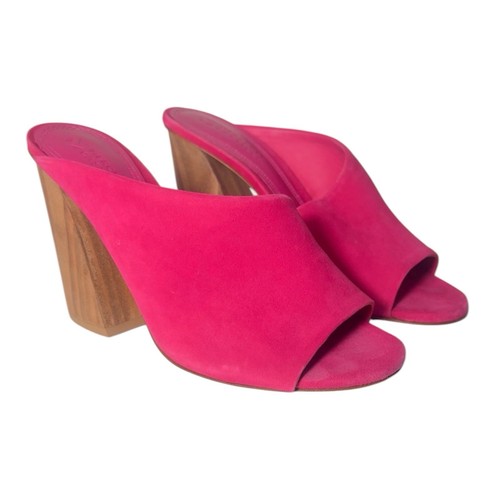 Mercedes Castillo Izar High Asymmetrical Pink Suede Mules Wood Block Heel, 6