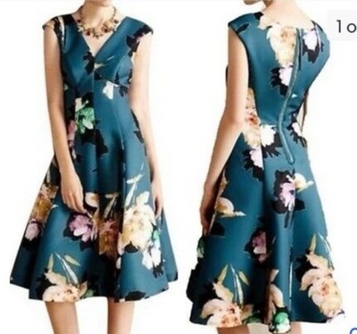 Anthropologie Moulinette Soeurs Baikal Teal Floral Tea Length Fit & Flare Size 2