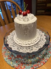 HANDMADE WHITE FAUX CAKE w/CHERRIES 8  TX6  W