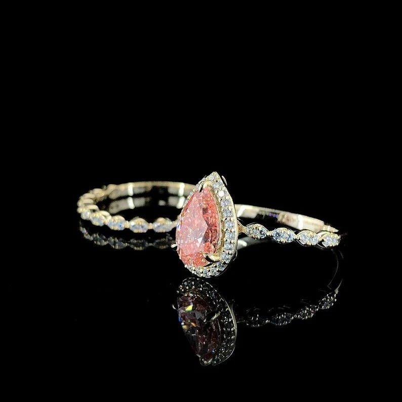 1.50CT Pink Pear Halo Lab Grown Diamond Engagement Ring Wedding Gift - Image 2 of 4