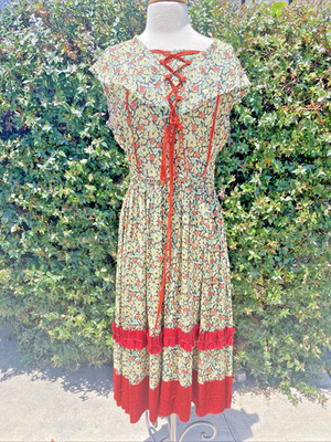 Vintage 1930s 40s Silk Crepe de Chine Floral Printed Prarie Dress Sz M Handmade