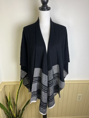C by Bloomingdale s S Wool Cashmere Black Plaid Poncho Shawl Fall Layering Top