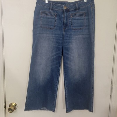 J Jill Denim Wide Leg Crop Jeans 10P Med Wash Raw Hem Stretch Boho Chic Comfort