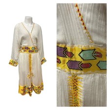 Vintage 1970s Ethnic Embroidered Caftan Cotton Gauze Dress / Medium 