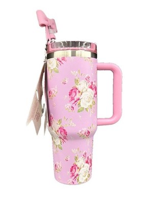 HI PEACH LAYNE Pink Floral 40oz Insulated Tumbler With Bow Straw Topper New