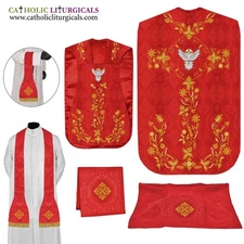 Red Roman Chasuble Fiddleback Vestment and Mass set, Holy Spirit embroidery,FELT
