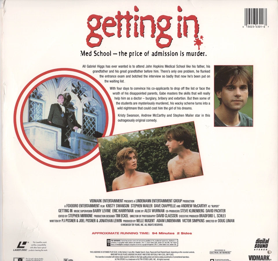 Getting In Extended Play Laser Disc Vidmark Entertainment 1994 NM Condition - Image 2 of 2
