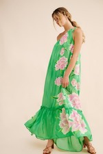 Farm Rio - Elegant Floral Satin Maxi Dress, Green & Pink, size S