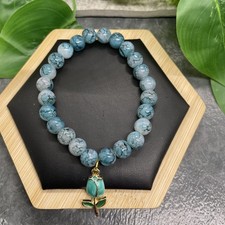 6.5  Plus Stretch Bracelet Stone/Glass Bead Enamel Tulip Charm New B90