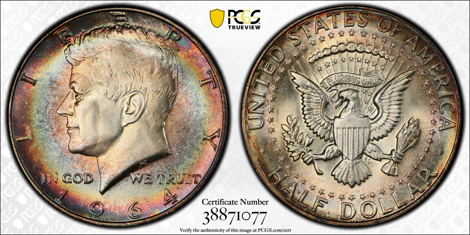 1964 Kennedy Half Dollar PCGS MS67 Wayte Raymond Rainbow Toned Monster