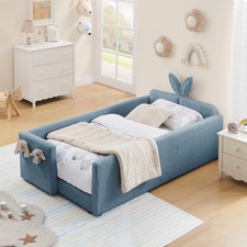Upholstered Platform Bed Frame with Boucle Fabric - Wooden Slats Support