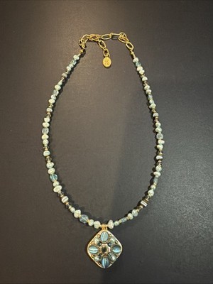 Vintage Michal Golan Gold Tone Blue Beads & Pearl Beaded Necklace