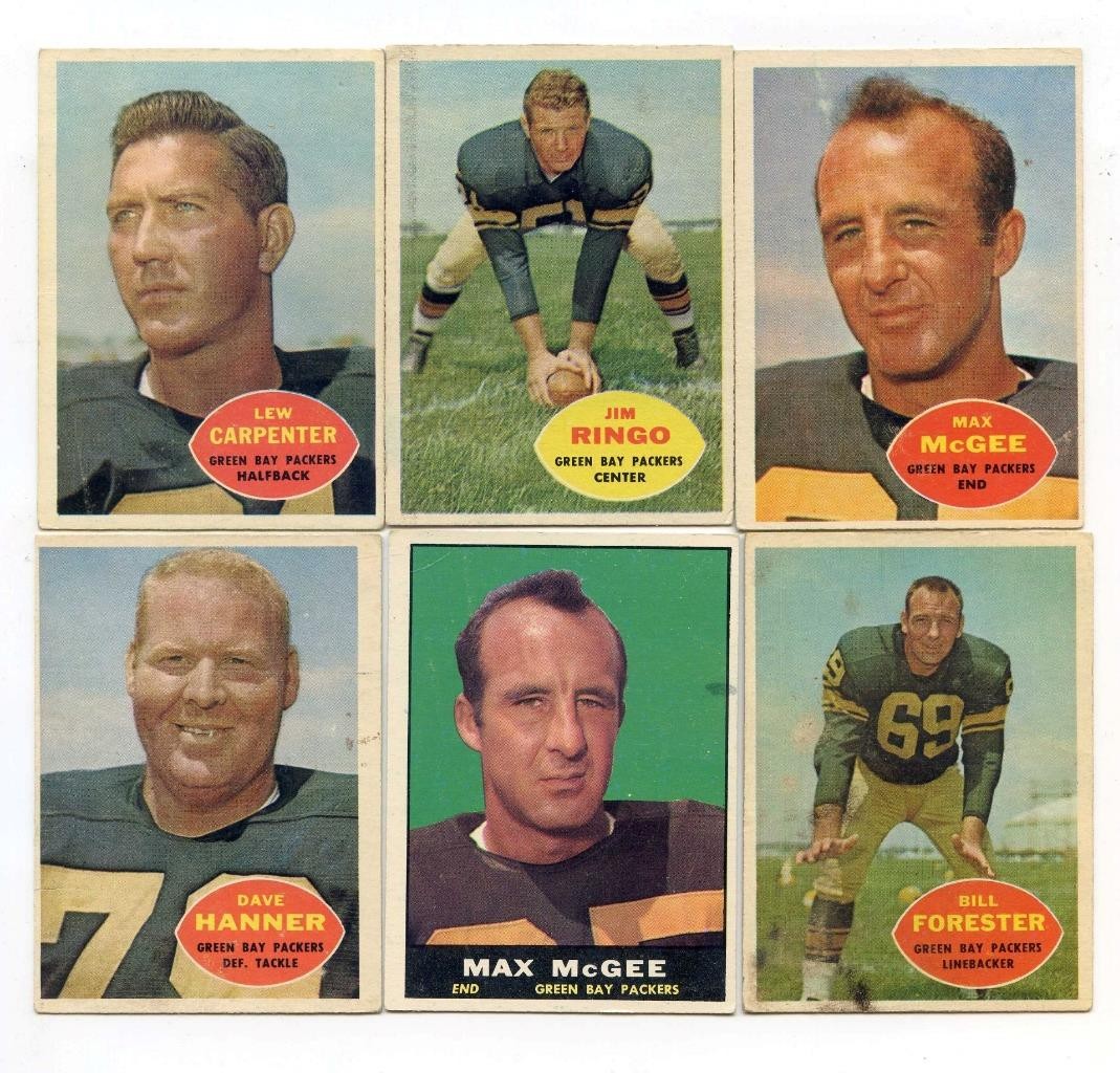 1960 & 1961 TOPPS FOOTBALL GREEN BAY PACKERS 6 CARD LOT W/ JIM RINGO "HOF"