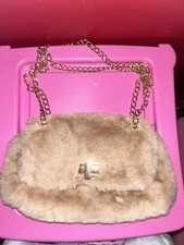 peacocks mink faux fur handbag with gold chain