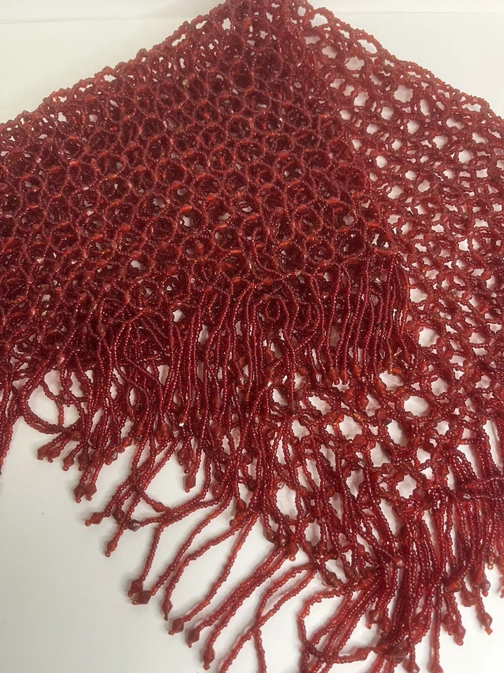 Rare vintage red glass bead crochet woven table scarf - Image 2 of 4
