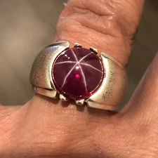 MJG STERLING SILVER CLASSIC MEN'S RING.12mm ROUND LAB GROWN STAR RUBY. SZ 10