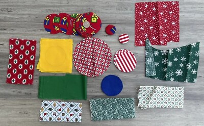 Christmas Cotton Fabric Numerous Pieces Crafting Circles Drawn on Reverse Side