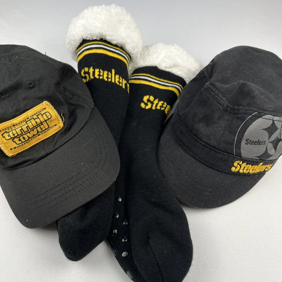 Pittsburgh Steelers 2 Hats + 1 Footy Slipper Socks Set NFL Football Team Colors - Image 2 of 4