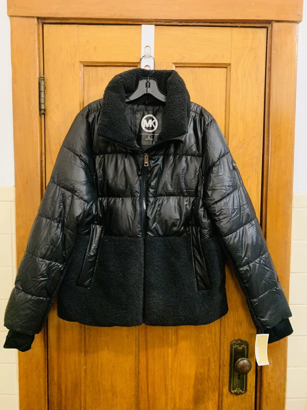 Michael Kors giacca sherpa trapuntata con colletto combo puffer nera nuova con etichetta taglia L $260 0
