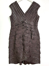 adrianna papell shimmer v neck tiered sleeveless cocktail dress brown bronze 14P