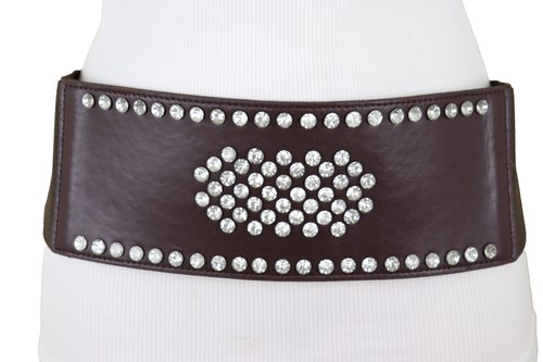 Women Dark Brown Elastic Wide Dress Up Trendy Belt Hip Waist Silver Shield M L - Picture 12 of 23