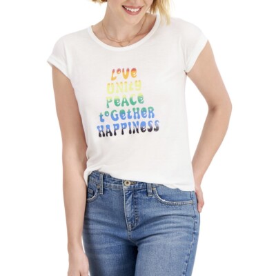 Style & Co Rainbow Words Graphic Tee Size XL White Multi Love Peace Happiness