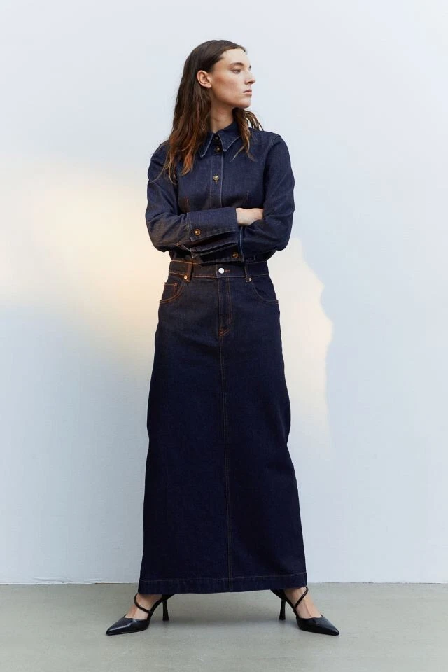 BNWT H M Size 6 Maxi Long Denim Skirt with High Slit Dark Blue eBay