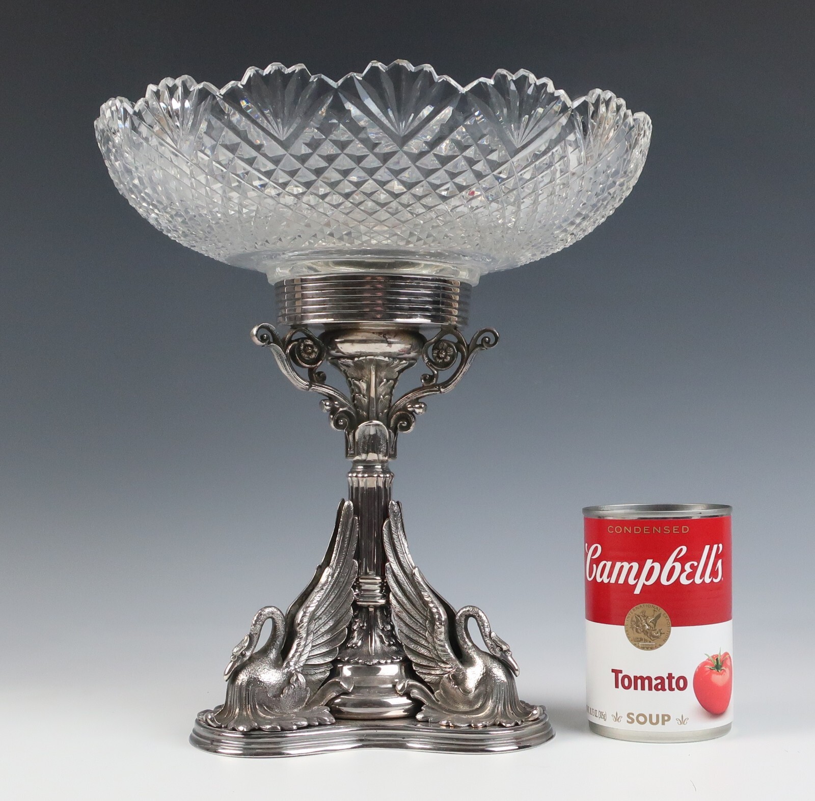 Antique Silver Plate Cut Crystal Swan Tazza Table Centerpiece Bowl Compote Glass