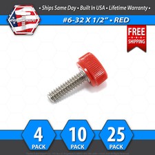  6-32 x 1/2" Thumb Screw Stainless Steel - Red Round Knurled Knob - USA